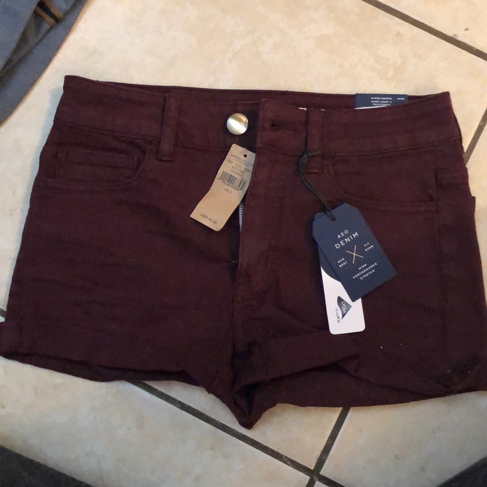 Maroon American Eagle Hi-Rise shortie denim shorts